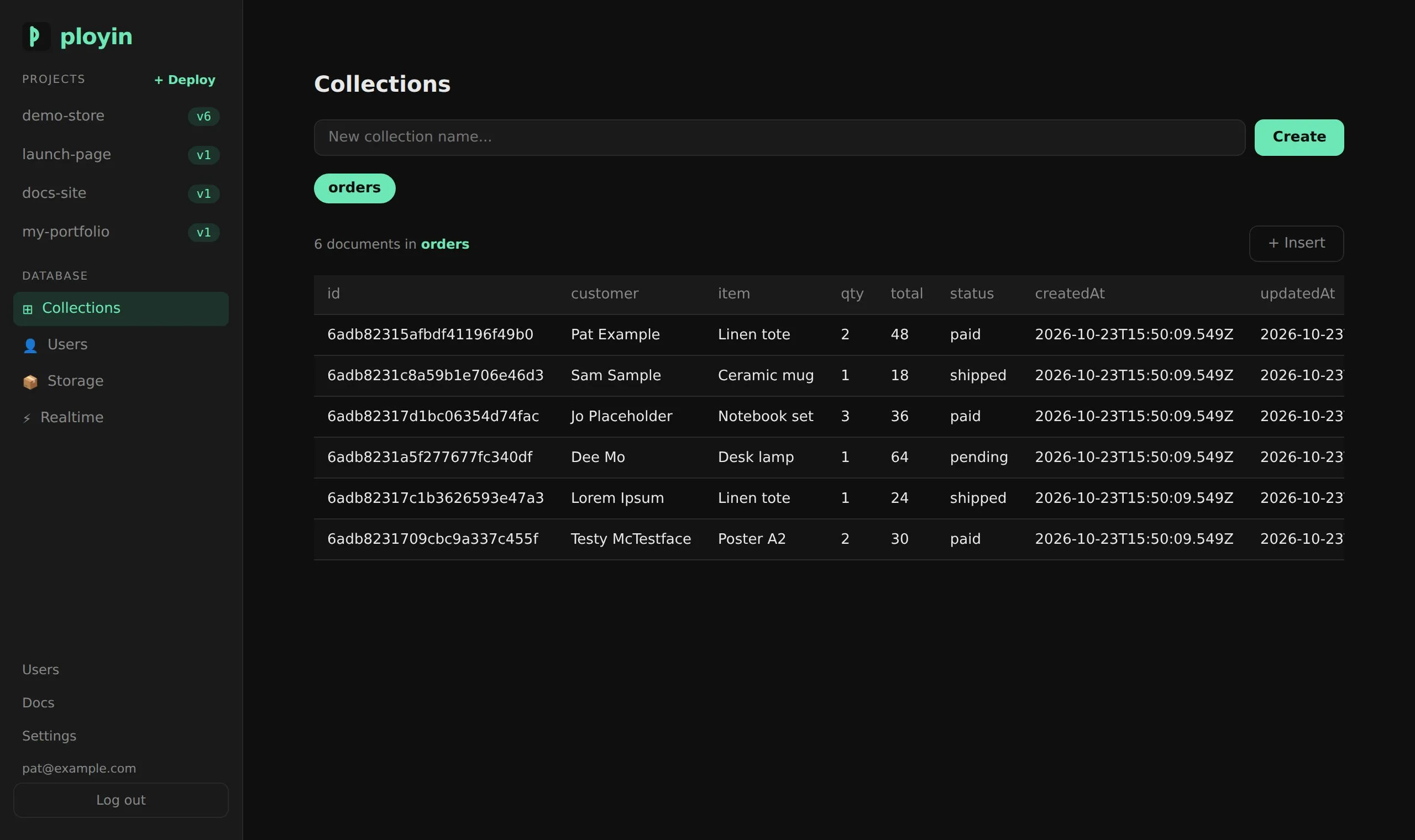 The Ployin dashboard listing documents in an orders collection