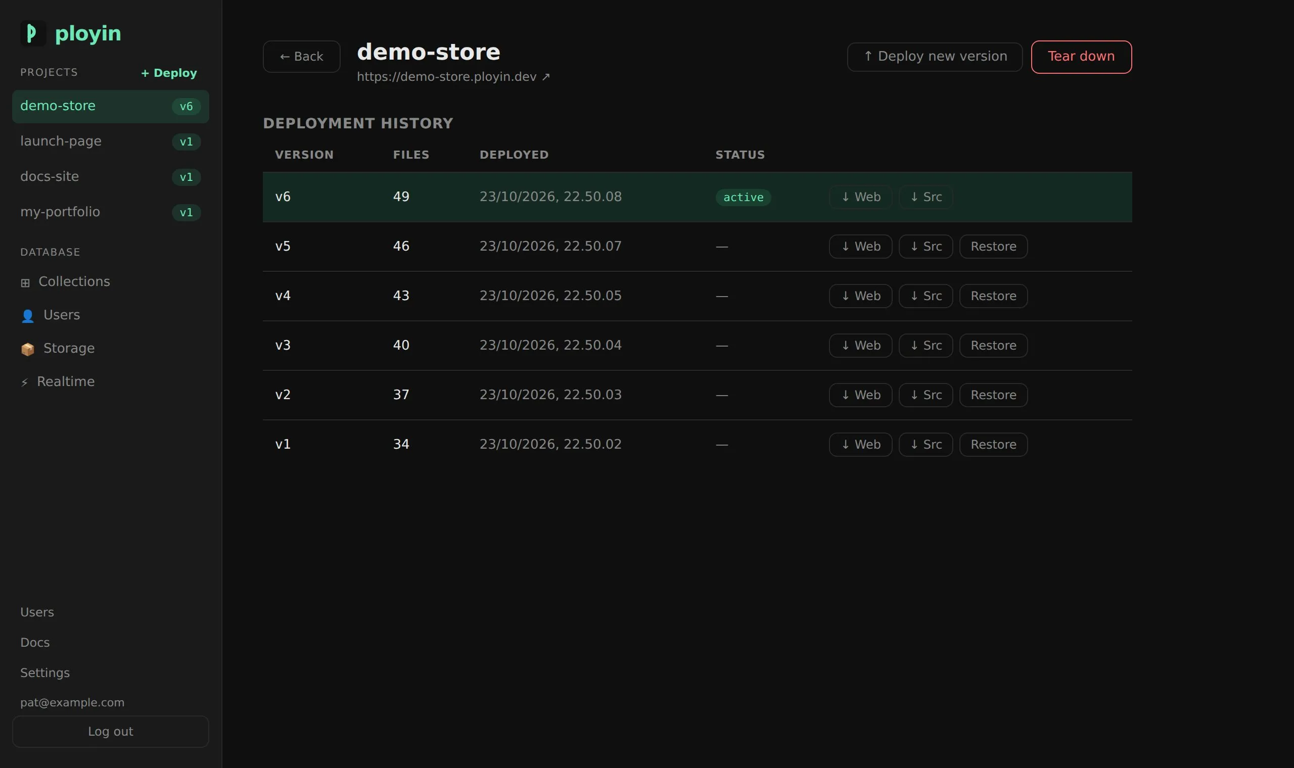 The Ployin dashboard showing a project's deployment history with restore buttons